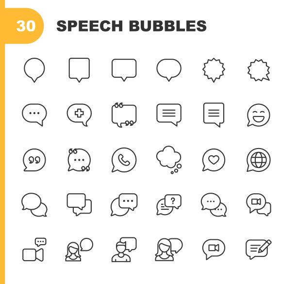 语音气泡线图标。可编辑的中风。像素完美。移动和Web。包含横幅，博客，聊天，漫画，评论，联系我们，客户支持，常见问题，营销，报价，社交媒体，支持，短信，视频会议等图标。图片下载