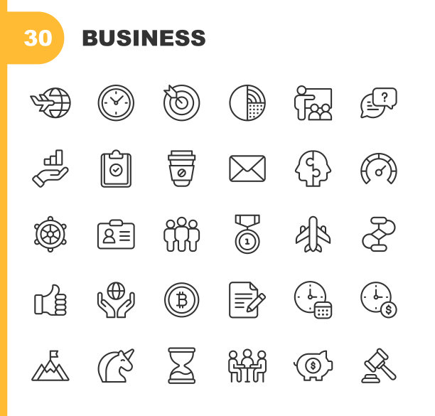 业务线图标。可编辑的中风。像素完美。移动和Web。包含成就、协议、比特币、商务旅行、图表、通信、加密货币、文档、电子邮件、财务、领导力、绩效、成功、独角兽等图标。图片下载