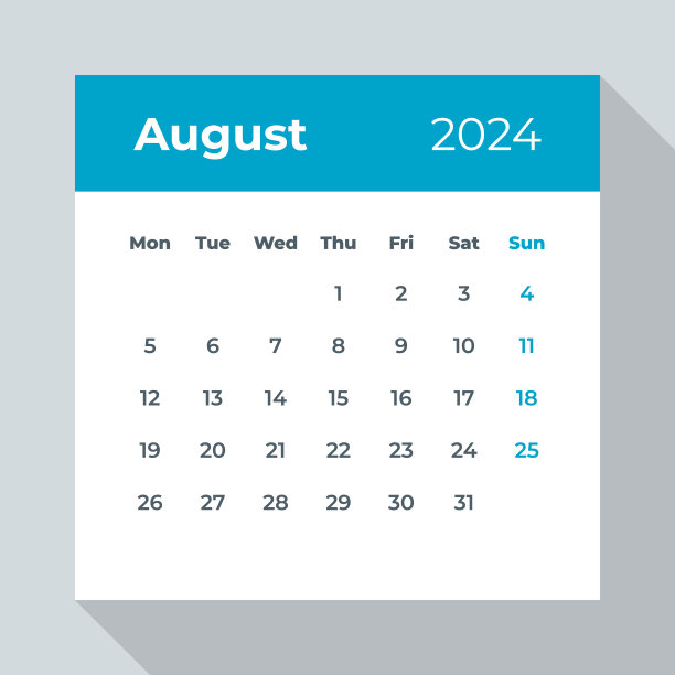 2024年8月——日历叶子。矢量图图片下载