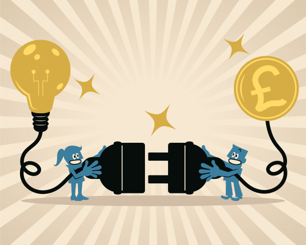 商人和女商人拿着巨大的电源插头和插座，准备连接金钱和创意图片下载