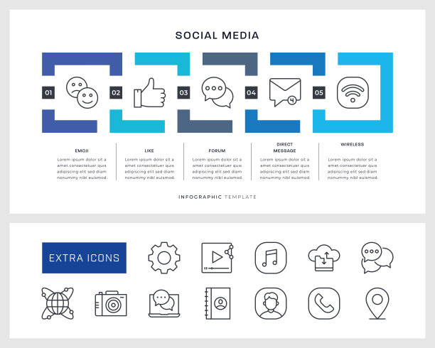 社交媒体信息图表模板和线条图标图片下载