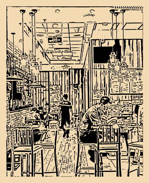 抽象艺术木刻咖啡馆商店场景插画图片下载