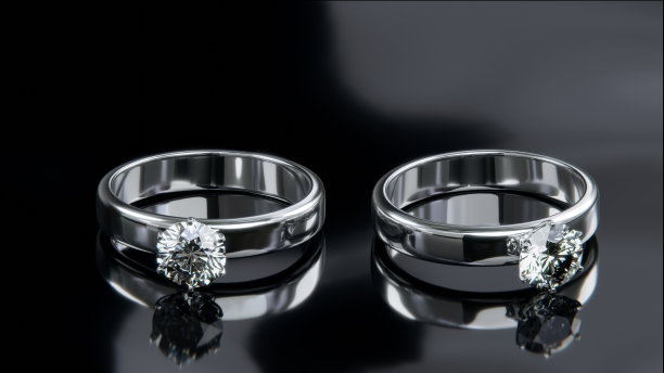 两枚铂金钻戒出现在摄影棚里。从设计到3D渲染。图片下载