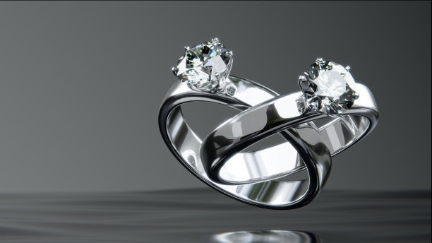 两个铂金钻戒漂浮在水面上的场景。从设计到3D渲染。图片下载