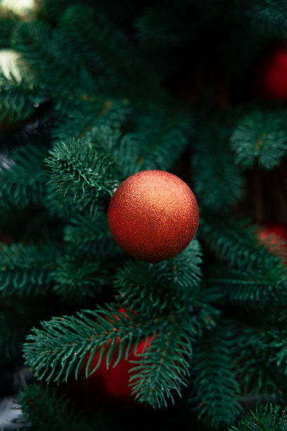 圣诞树上的针枝上装饰着红球物体，喜庆的照片竖着图片下载
