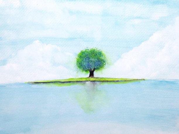 水彩山水树独立于海中蓝天。图片下载