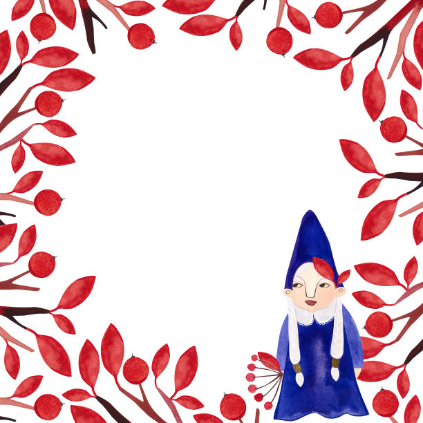 秋天的框架与女侏儒，红色的树叶，树枝和浆果。用于设计社交网络和印刷品的水彩画。季节性的十一月装饰。图片下载
