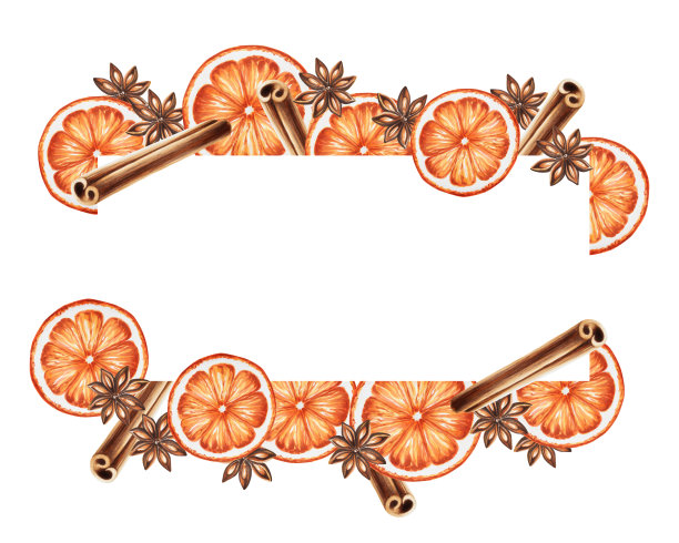水彩框架与圣诞肉桂棒和橙色。新年手绘孤立在白色背景上。用于设计师、食品装饰、菜单、店铺，用于明信片、包装纸、封面。海报及纺织品图片下载