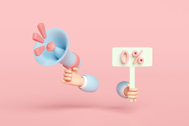 3d手握扩音器和折扣标签隔离在粉红色的背景。采购目标，购物营销推广奖金概念，3d渲染插图图片下载