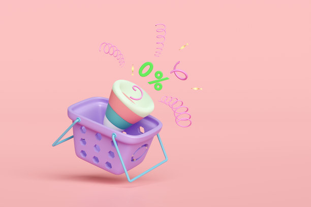 3d爆炸爆竹与篮子，折扣标签隔离在粉红色的背景。采购目标，购物营销推广奖金概念，3d渲染插图图片下载