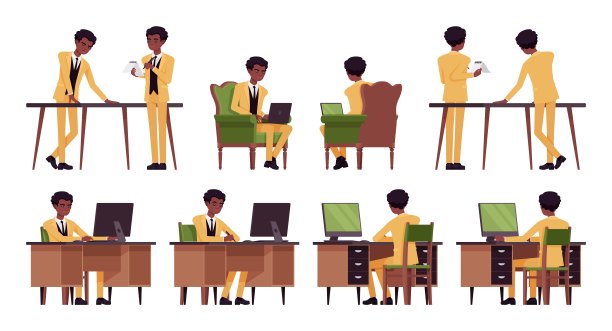 身穿黄色西装的非裔美国人，商人套装，忙碌的工作场所图片下载