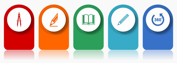 教育图标集，平面设计各种彩色图标，如卡尺，铅笔，书和360度的网页设计和移动应用程序，信息图矢量模板在eps 10图片下载