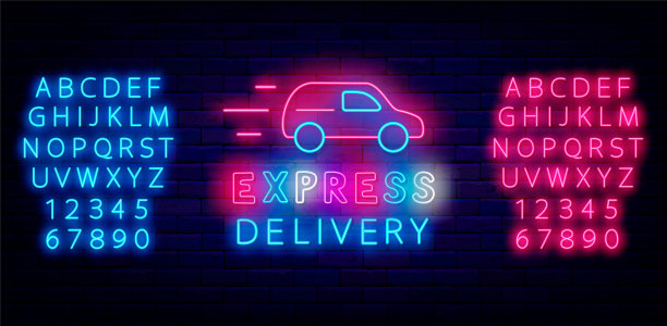 快递霓虹灯招牌。快速的车。发光的广告。发光的粉红色和蓝色字母。矢量图图片下载