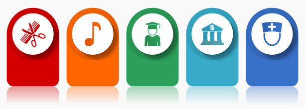 教育图标集，各种矢量图标，如理发店，音乐，学习，银行和医生，现代设计信息图模板，5种颜色选项的网页按钮图片下载