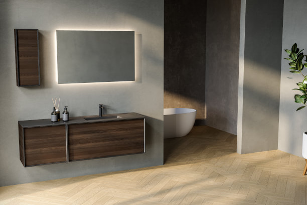 时尚的浴室内饰，灰色和棕色的墙壁，黑色的台面，镜子，浴缸，淋浴，植物和拼花地板。简约舒适的浴室与现代家具。图片下载