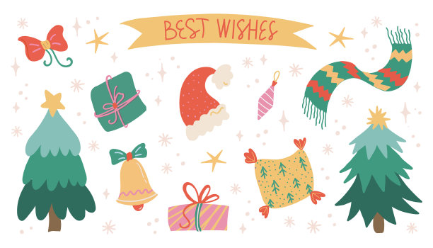 圣诞和新年元素设置。祝福标签刻字。手绘矢量隔离可爱的贴纸。圣诞帽，圣诞树，围巾，枕头，棒棒糖，铃铛。适合制作卡片、印刷品、海报图片下载