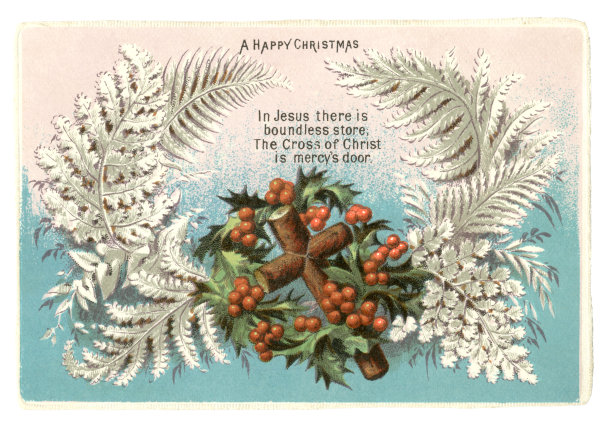 1874年维多利亚时代的圣诞卡片，有木十字架、冬青花环、诗歌和银色树叶图片下载
