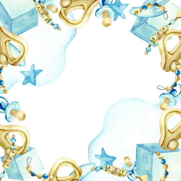 水彩男婴淋浴架有云，蓝色立方体玩具，木制复古玩具车，星星和蓝色假人图片下载