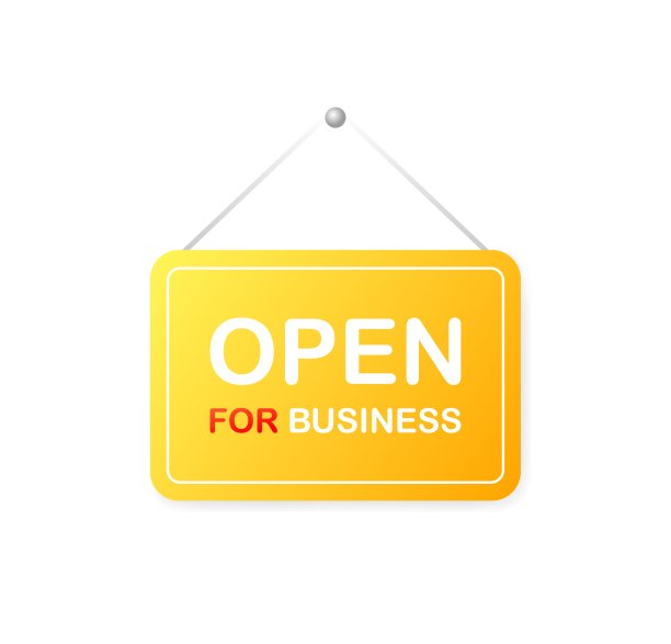 开始营业。平面，黄色，商务桌，商务标牌。矢量图标图片下载