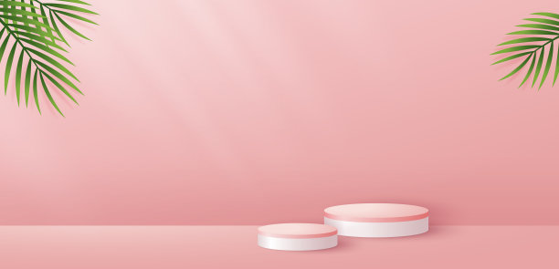 粉红色背景与纸棕榈叶和展台或讲台展示产品介绍，品牌，包装和推广。矢量插图设计。图片下载