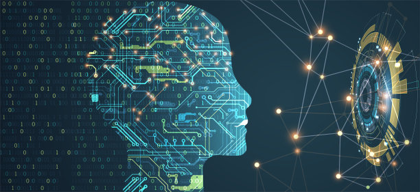 人工智能。技术背景和一个男人的剪影。大数据概念。机器网络思维。图片下载