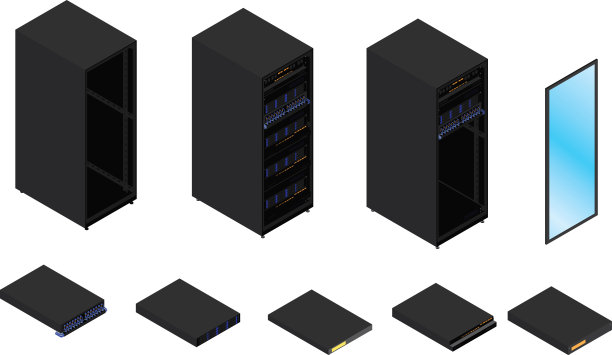 服务器机架、数据中心和数据连接技术的等距视图图片下载