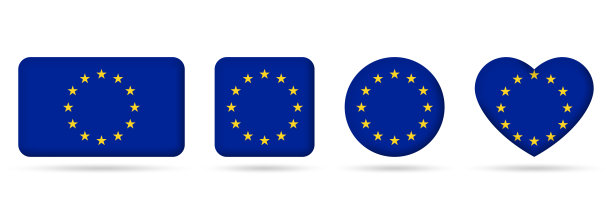 欧盟旗帜图标或徽章套装。欧盟正方形、心形和圆形的国家标志或旗帜。欧洲的迹象。矢量插图。图片下载