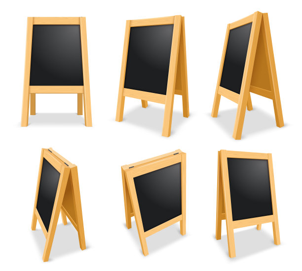 户外粉笔菜单黑板模型。空木黑板展示模板，展台招牌和框架黑板三维矢量插图集图片下载