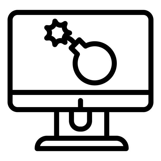 监视器线图标上的炸弹。用炸药攻击电脑，屏幕上有病毒符号，白色背景上有轮廓风格的象形文字。战争标志移动概念网页设计。矢量图形。图片下载