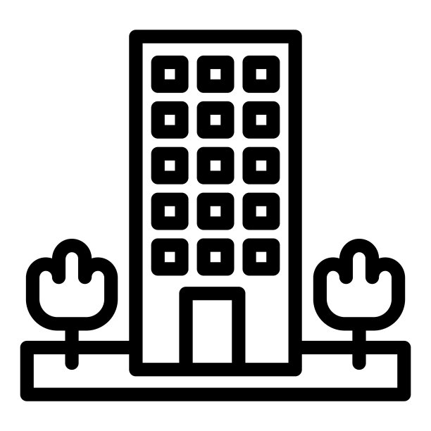 汽车旅馆线路图标。摩天大楼与树木的象征，轮廓风格的象形文字在白色的背景。酒店商业标识手机概念网页设计。矢量图形。图片下载