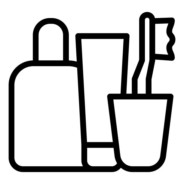 牙刷、面霜、洗发水系列图标。设置卫生，浴室配件符号，白色背景上的轮廓风格象形文字。酒店标识手机概念网页设计。矢量图形。图片下载