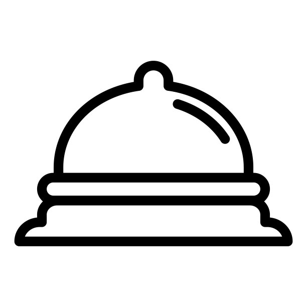 早餐在拼盘线图标。盘子上的食物托盘，白色背景上的服务符号，轮廓风格的象形文字。酒店商业标识手机概念网页设计。矢量图形。图片下载