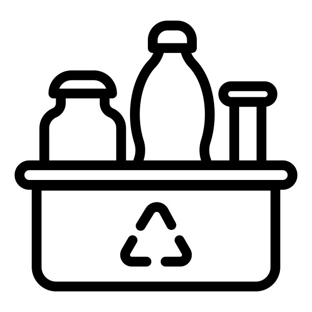塑料包装线图标。将可回收的瓶子和烧瓶分类装入容器。零浪费的设计理念，轮廓风格的象形文字在白色的使用和应用程序。图片下载