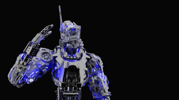 安卓机器人用手势致敬，黑色背景，3d渲染图片下载