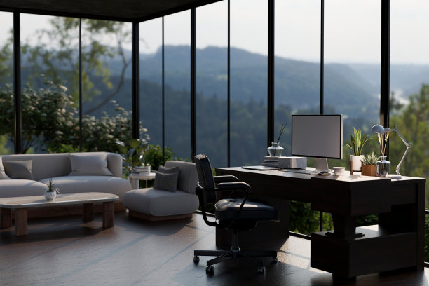 在现代豪华的客厅里，有一张电脑桌和一台电脑。家里的工作区图片下载