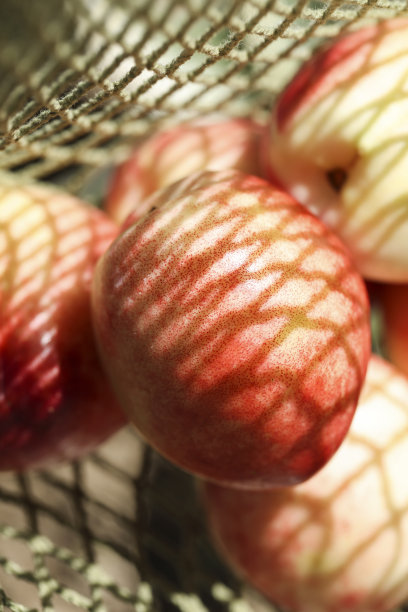 新潮的颜色组合，粉色桃子装在可重复使用的网眼袋中。零浪费，环保理念。购物和杂货风格。有选择性的重点图片下载