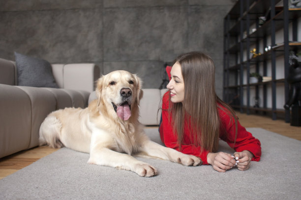 年轻的女孩躺在地板上和金毛猎犬微笑，一个女人带着宠物在家里休息图片下载