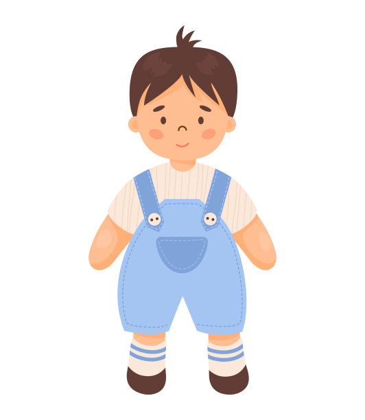 儿童玩具娃娃。穿着蓝色工装裤的可爱男孩。矢量插图在卡通风格。孩子们收集。图片下载