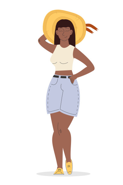 美丽的女人在帽子站立和微笑的夏天矢量插图。图片下载