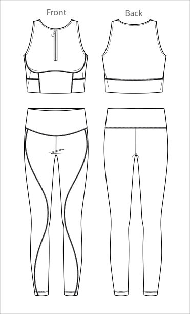 矢量运动胸罩和打底裤时尚CAD，女士休息室或瑜伽上衣和打底裤与高腰技术图纸，健身2件套时尚平面与拉链细节，草图，模板，白色图片下载