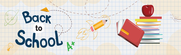 横幅上放着一摞书和一个苹果。模板广告，海报，卡片，促销。图片下载