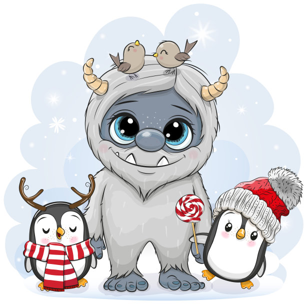 卡通雪人和两只企鹅在雪的背景图片下载