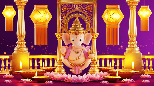 排灯节3D渲染，排灯节，排灯节或排灯节，印度的节日与黄金diya彩色背景图案。图片下载