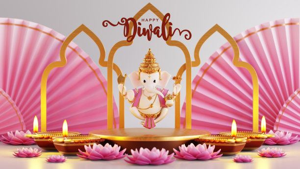 排灯节3D渲染，排灯节，排灯节或排灯节，印度的节日与黄金diya彩色背景图案。图片下载