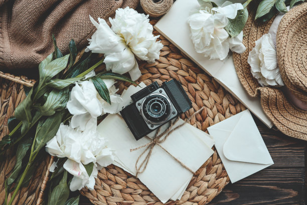 复古相机与书和新鲜的粉红色牡丹花图片下载