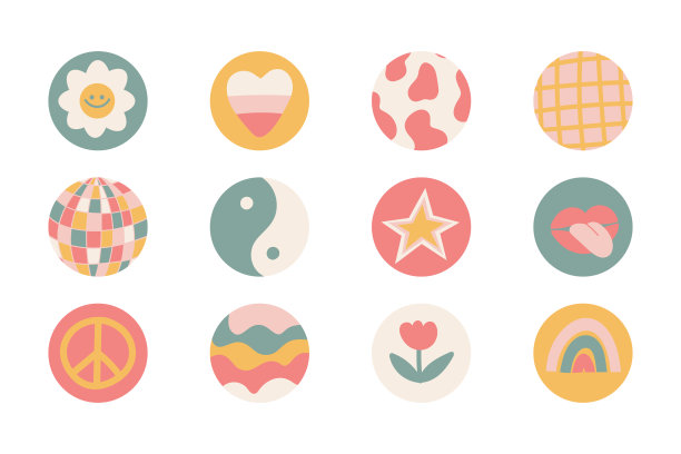 一组12个圆形图标孤立在白色背景。图片下载