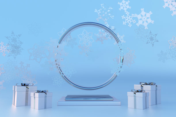银蓝色礼盒与蝴蝶结丝带，抽象的雪花与3d讲台显示。图片下载