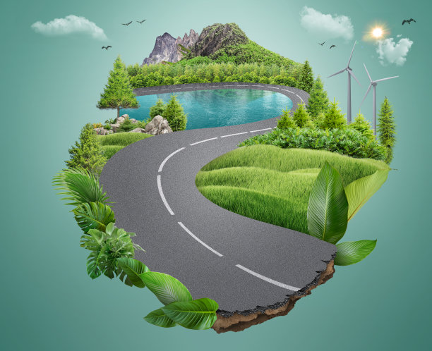 公路旅行的3D插图。岛上的树。生态设计理念。绿色景观。副本的空间。图片下载