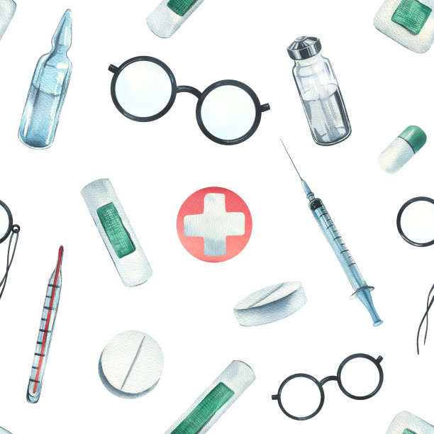 一套医疗设备。水彩插画，手绘，用于医院、诊所、药房的设计和设计。白色背景上的无缝图案图片下载