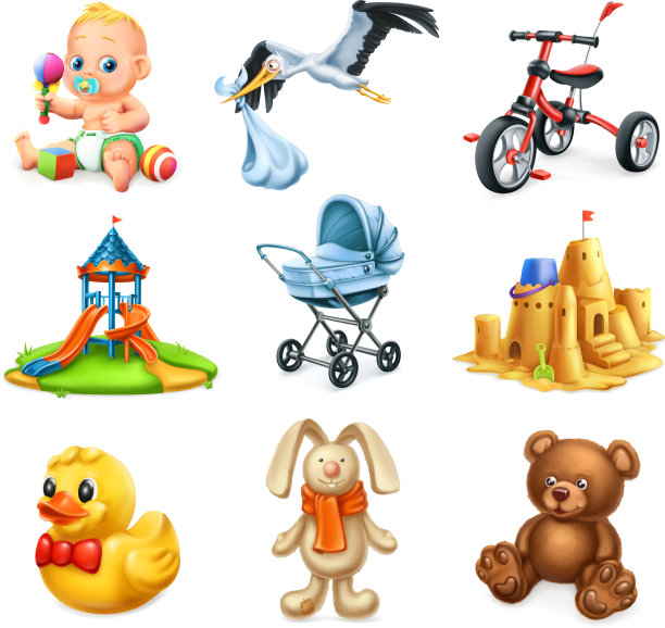 儿童游乐场的孩子和玩具3d图标集图片下载